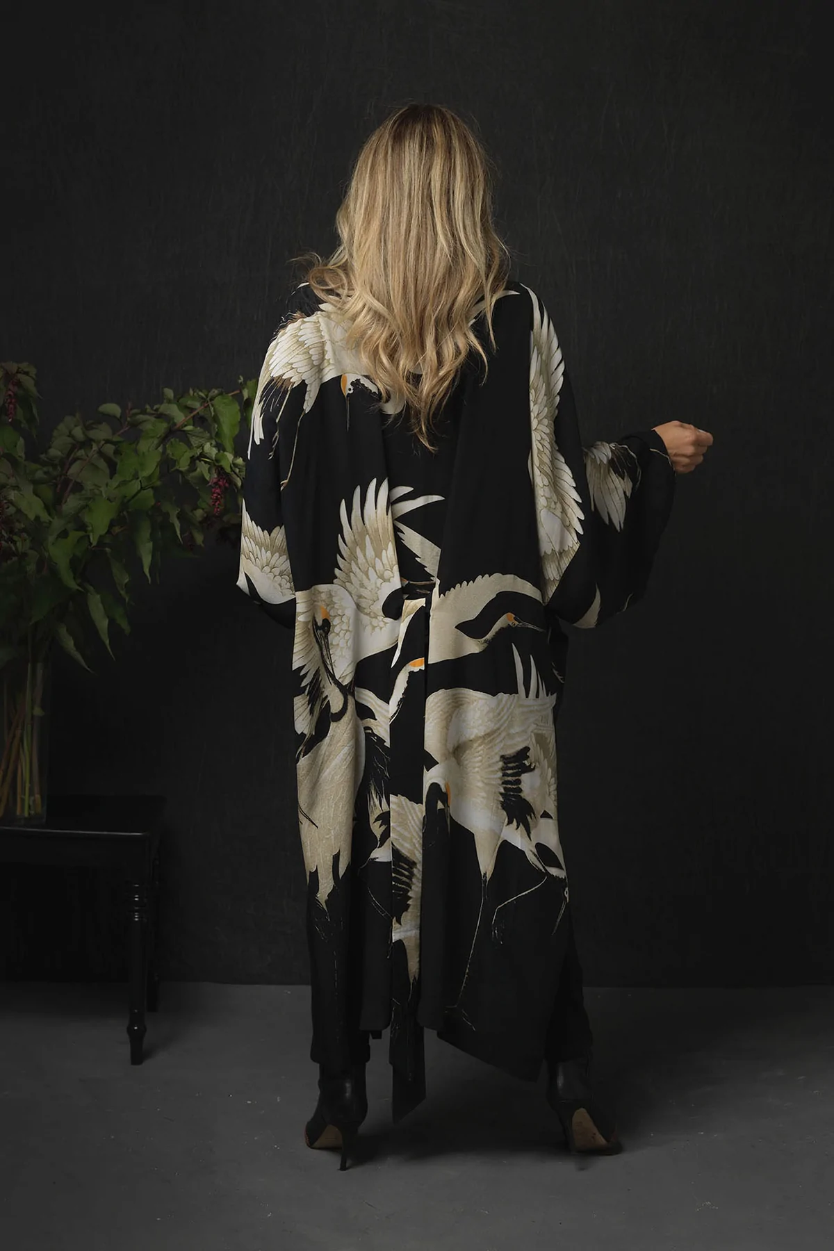 One Hundred Stars- Luxe Crepe Stork Long Kimono Black - Armed & Gorgeous -  Handmade Jewellery UK