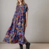 One Hundred Stars Climbing Peacock Royal Blue Pleat Dress