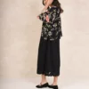 One Hundred Stars Trailing Blossom Black Crepe Kimono